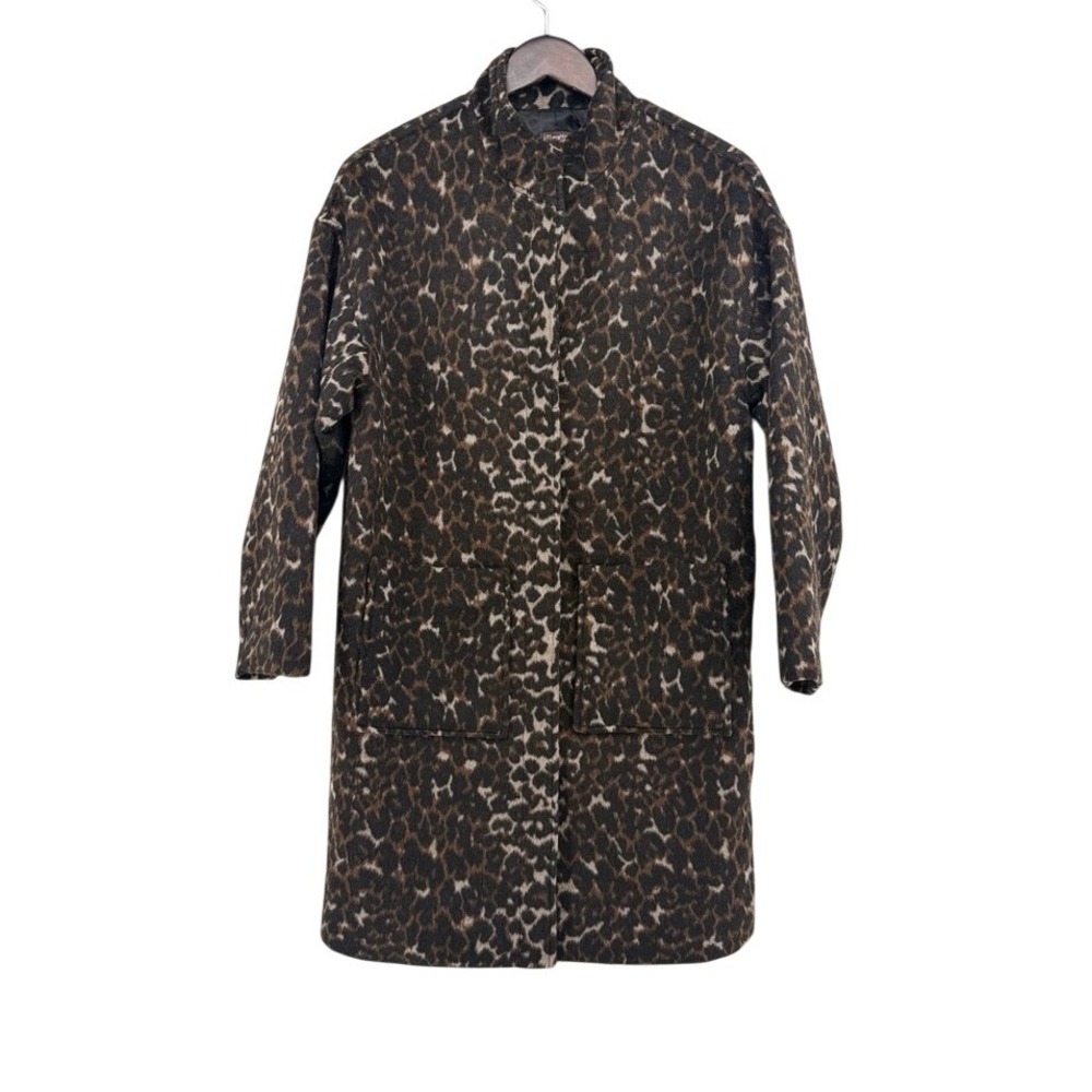 J.McLaughlin Leopard Print Wool Blend Mock Neck Car Coat Brown‎ Black Medium
